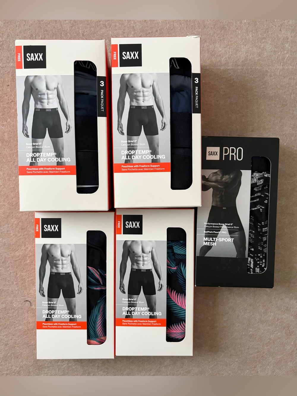 Saxx DropTemp & Pro Boxer Briefs Pack — Black, Navy, Teal & Pink Leaf - size M